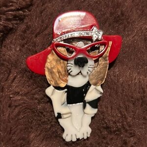 Stylish 3-D Acrylic Dog Brooch with Red Hat and Glasses